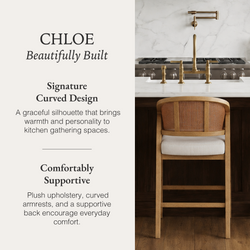 Chloe Counter Stool in Natural Finish with Beige Fabric Upholstery and Rattan Back in Stools by Maven Lane