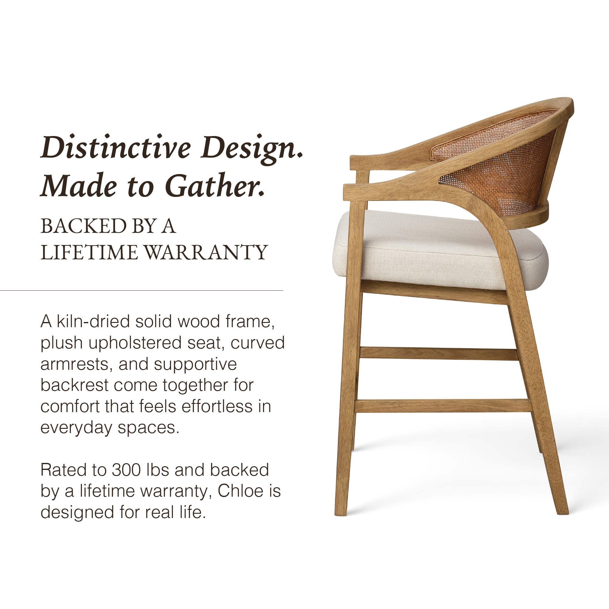 Chloe Counter Stool in Natural Finish with Beige Fabric Upholstery and Rattan Back in Stools by Maven Lane