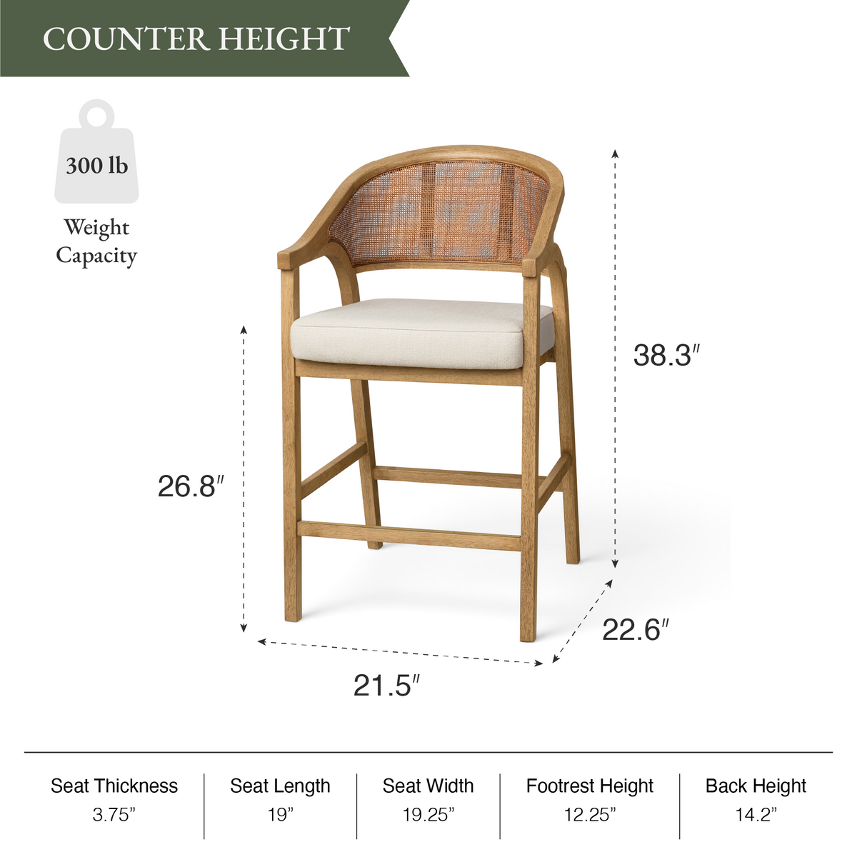 Chloe Counter Stool in Natural Finish with Beige Fabric Upholstery and Rattan Back in Stools by Maven Lane