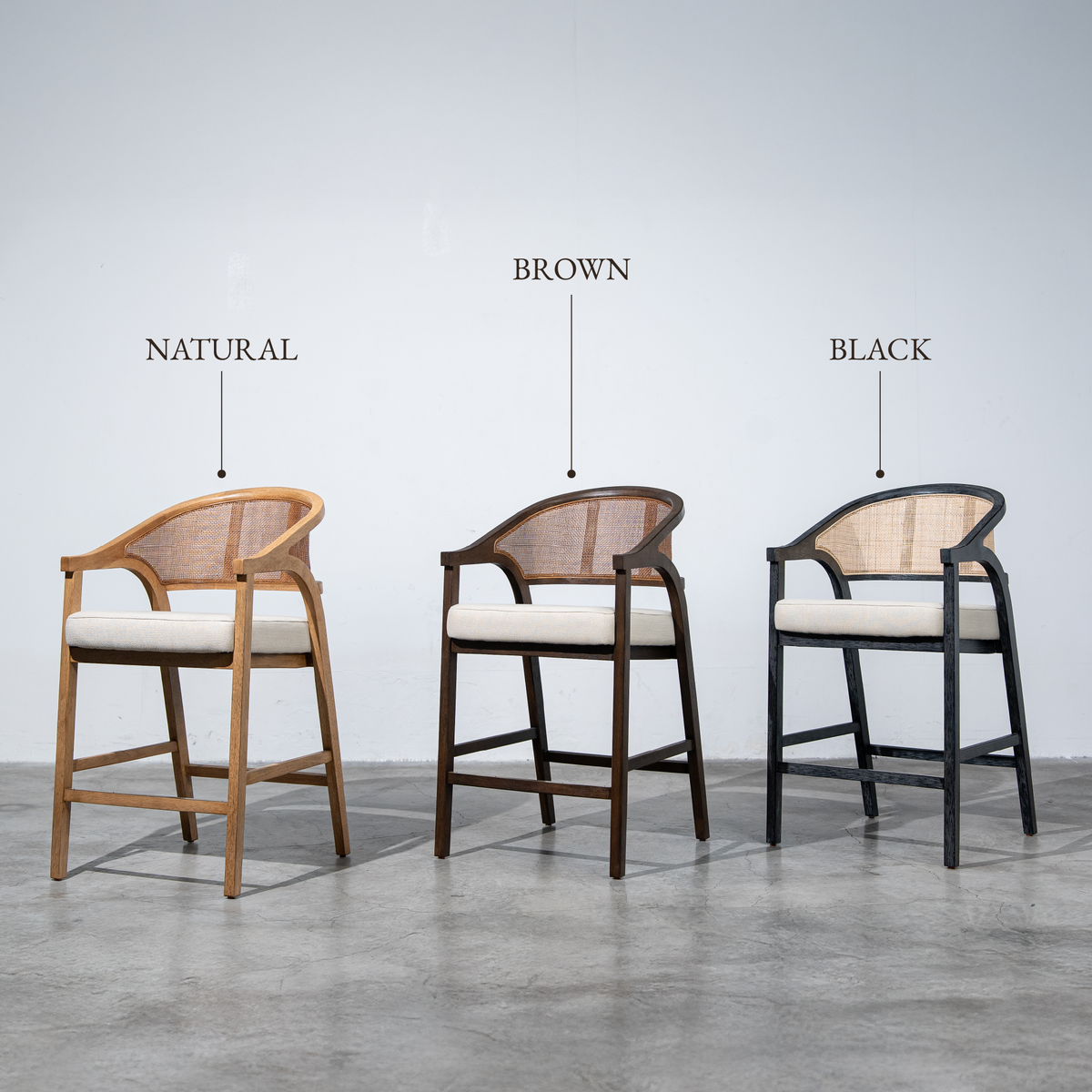 Chloe Counter Stool in Natural Finish with Beige Fabric Upholstery and Rattan Back in Stools by Maven Lane