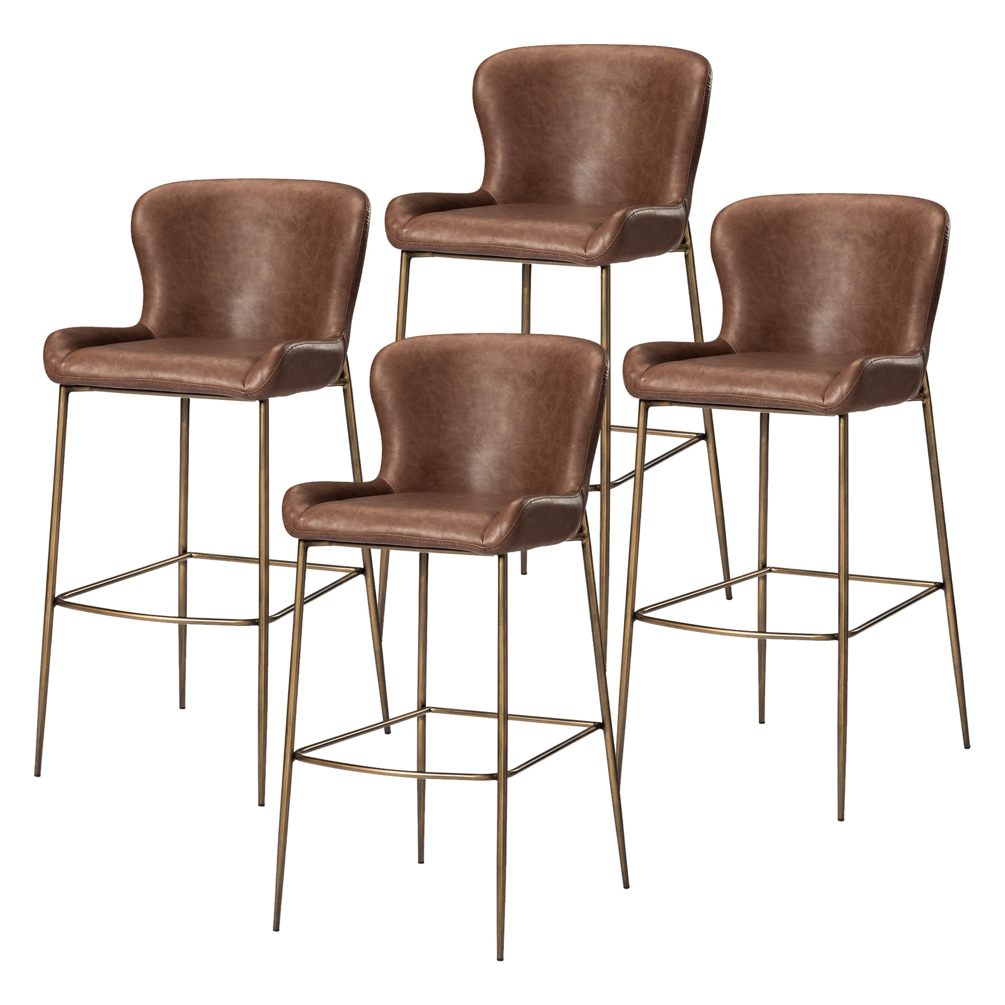 31" Naomi Bar Stool in Aged Gold Finish with Brown Faux Leather (Set of 4) in Stools by Maven Lane