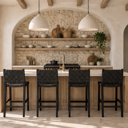 Noah Counter Stool In Black Finish & Dark Grey Woven Faux Leather Seat in Stools by Maven Lane