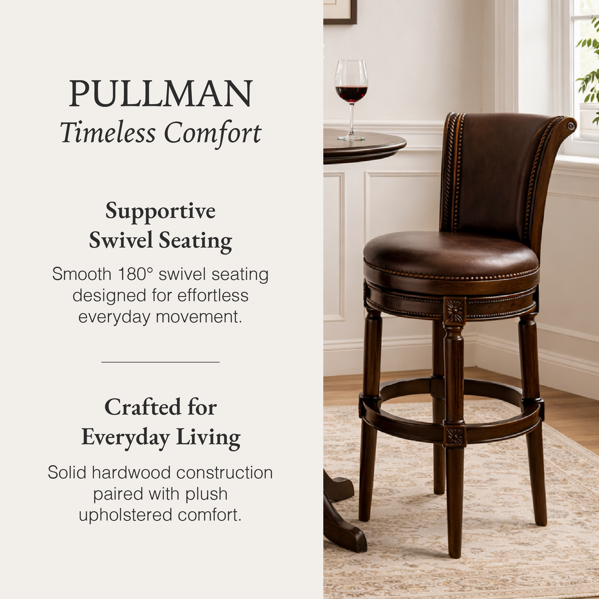 Pullman Bar Stool in Dark Brown Finish with Brown Faux Leather in Stools by Maven Lane
