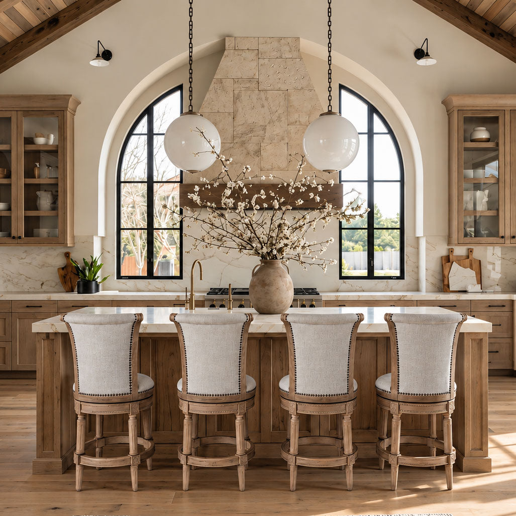 Pullman Counter Stool in Light Brown Finish with Light Grey Fabric in Stools by Maven Lane