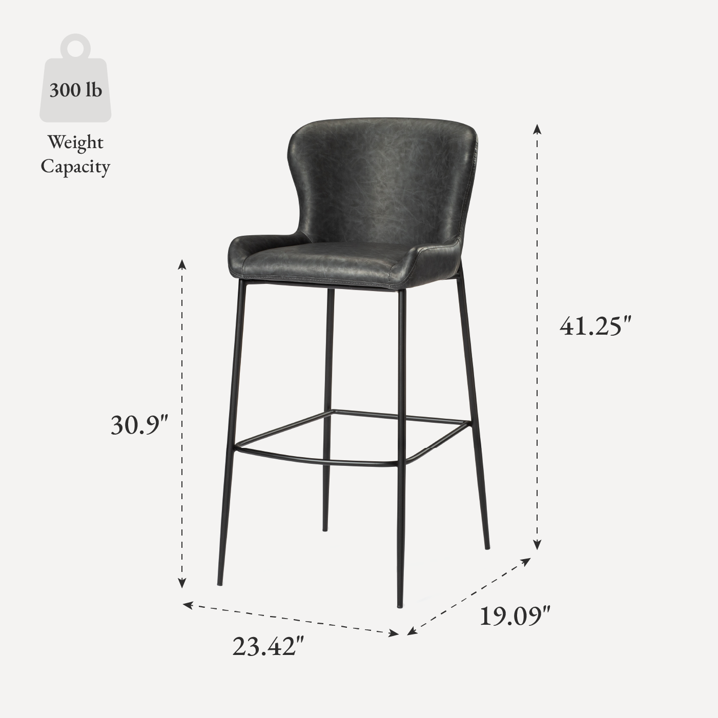 31" Naomi Bar Stool in Black Finish with Dark Grey Faux Leather (Set of 4) in Stools by Maven Lane