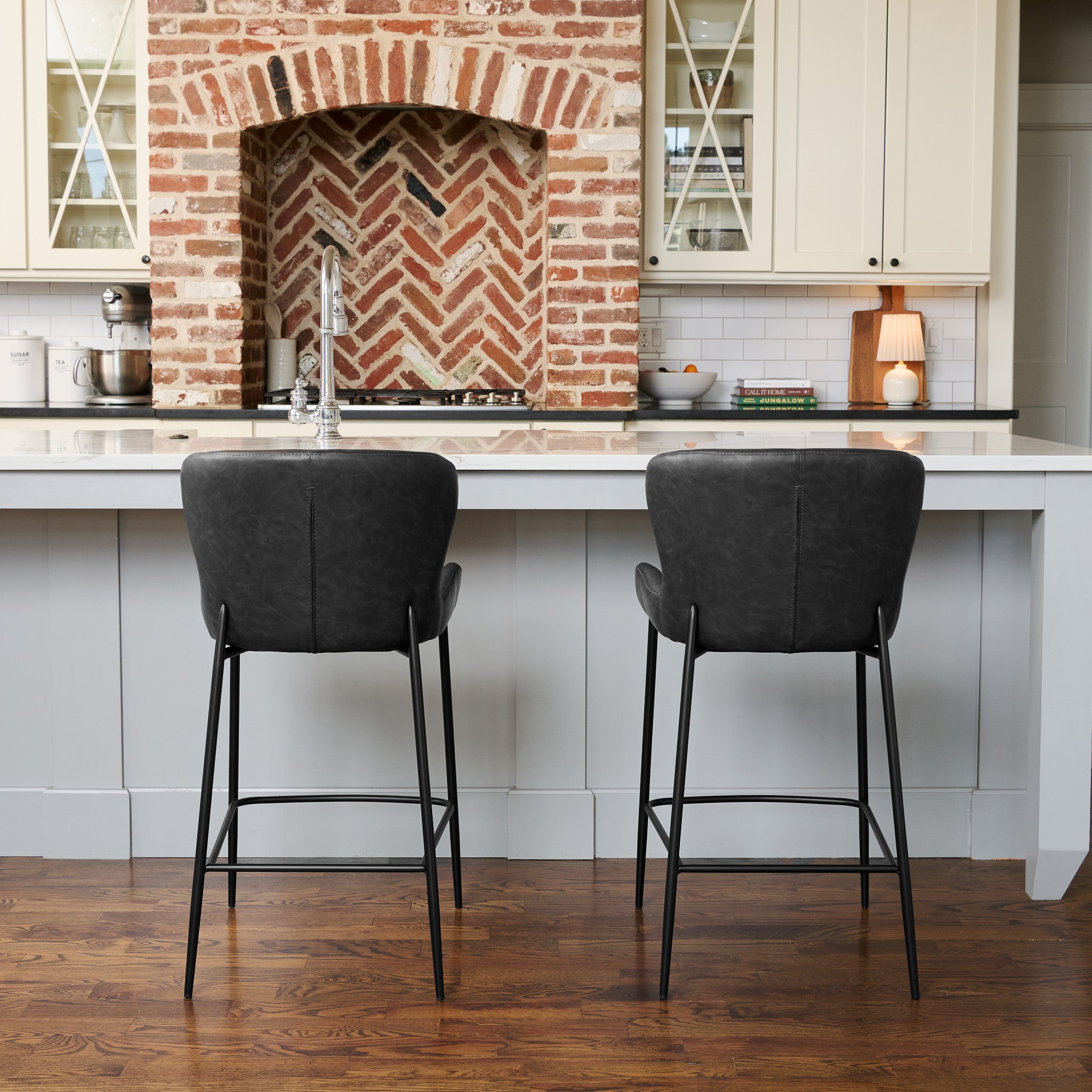 26" Naomi Counter Stool in Black Finish with Dark Grey Faux Leather (Set of 4) in Stools by Maven Lane