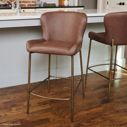 Naomi Bar Stool in Aged Gold Finish with Brown Faux Leather in Stools by Maven Lane