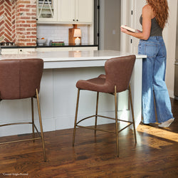 Naomi Bar Stool in Aged Gold Finish with Brown Faux Leather in Stools by Maven Lane
