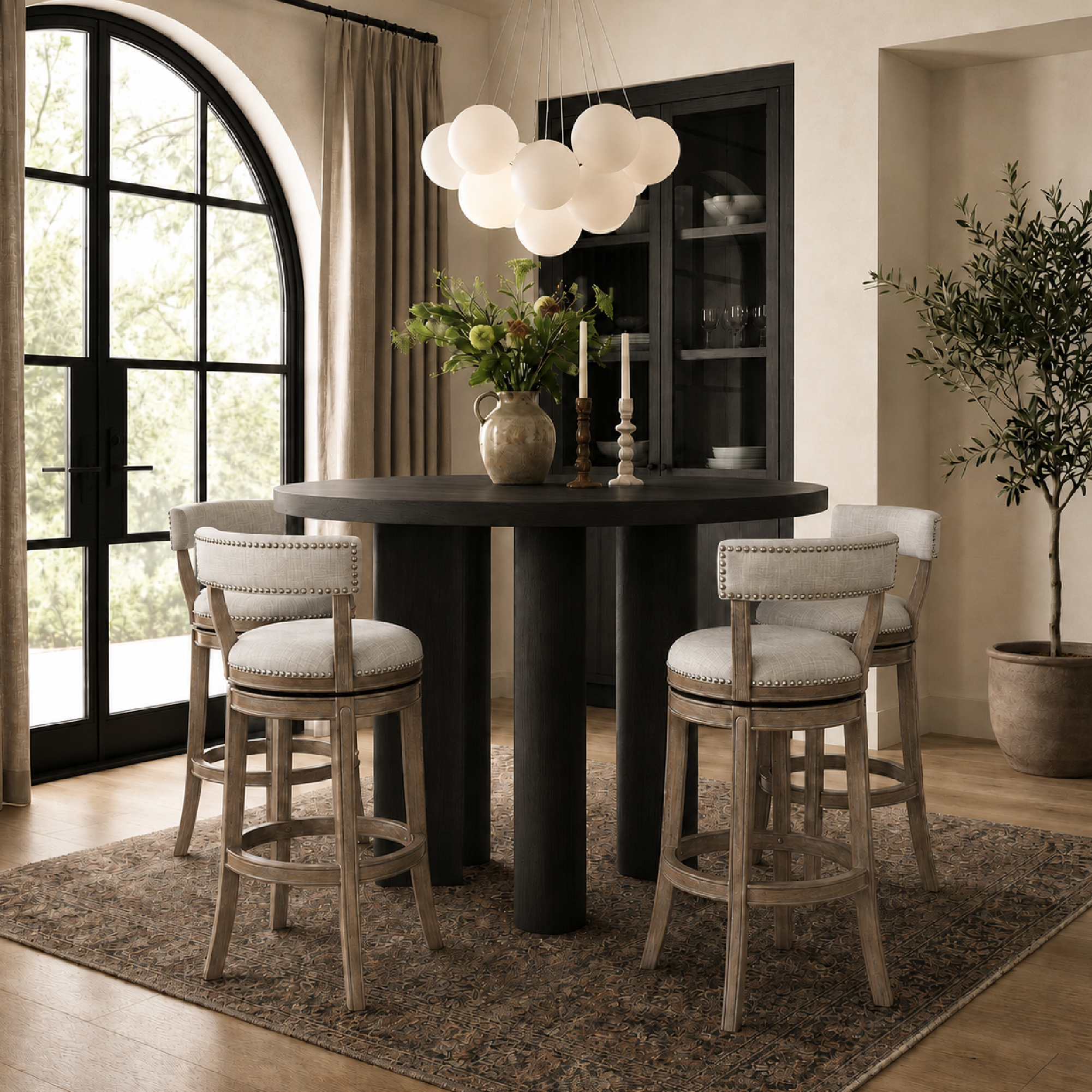 Alexander Bar Stool in Grey Finish with Grey Fabric Upholstery in Stools by Maven Lane