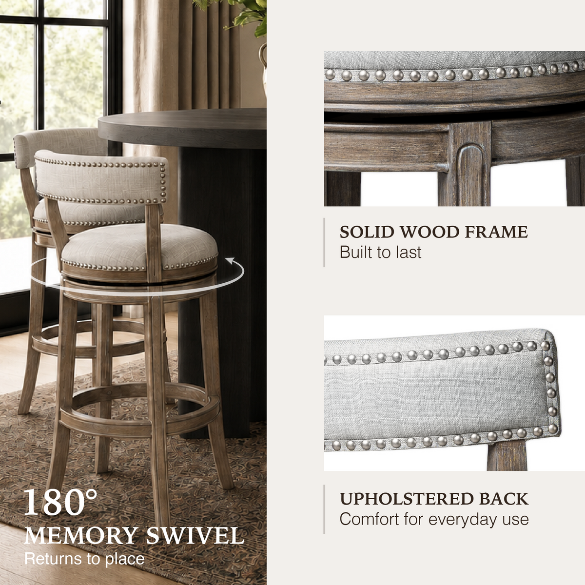 Alexander Bar Stool in Grey Finish with Grey Fabric Upholstery in Stools by Maven Lane