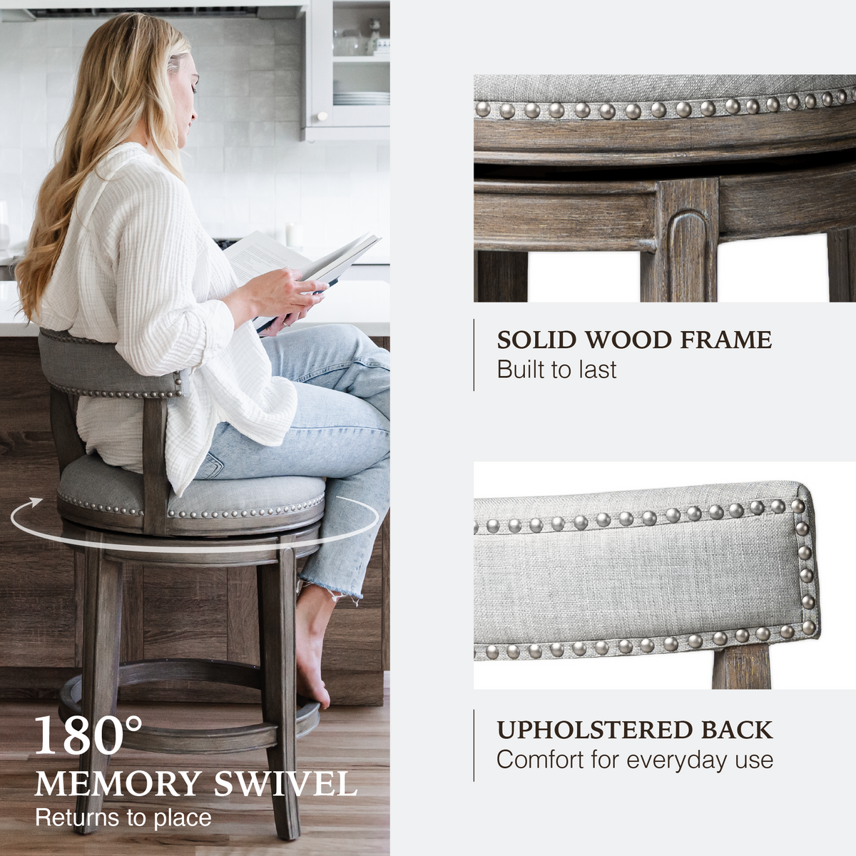 Alexander Counter Stool in Grey Finish with Grey Fabric Upholstery in Stools by Maven Lane
