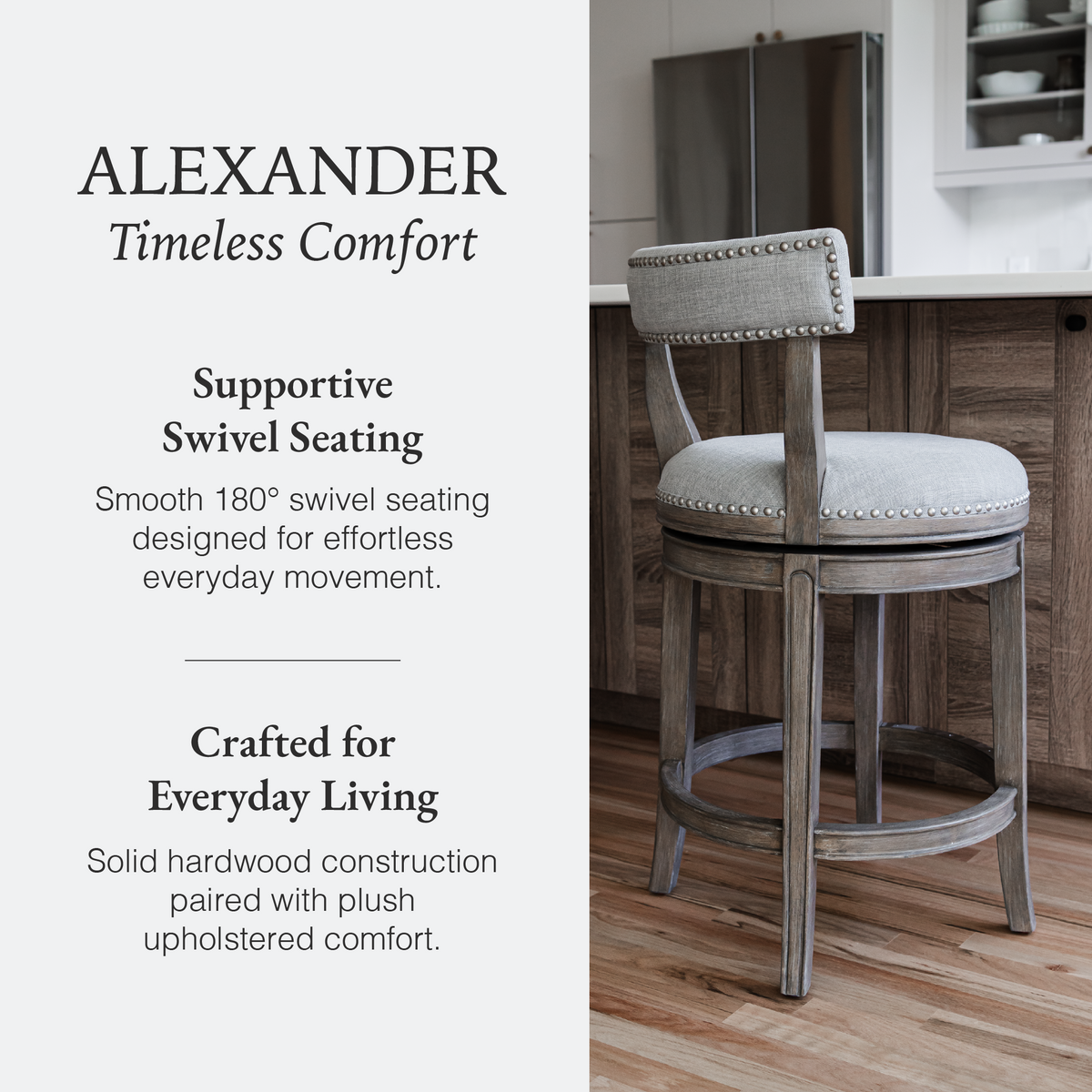 Alexander Counter Stool in Grey Finish with Grey Fabric Upholstery in Stools by Maven Lane