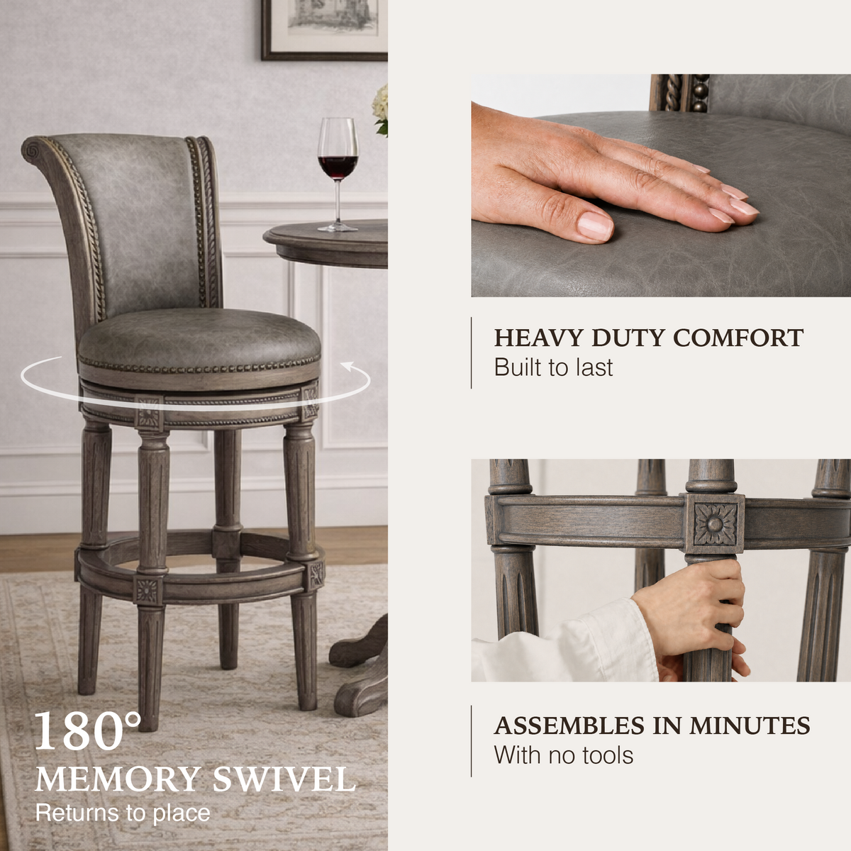 Pullman Bar Stool in Grey Finish with Grey Faux Leather in Stools by Maven Lane