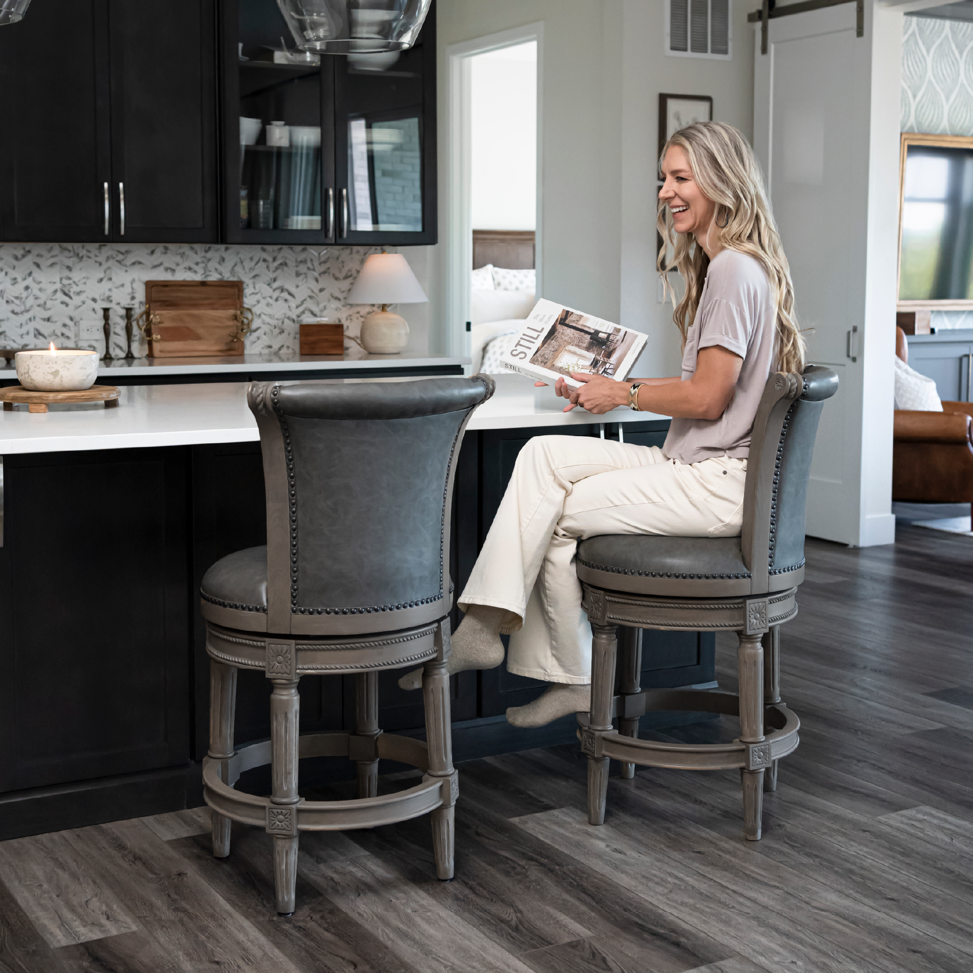 Pullman Counter Stool in Grey Finish with Grey Faux Leather in Stools by Maven Lane