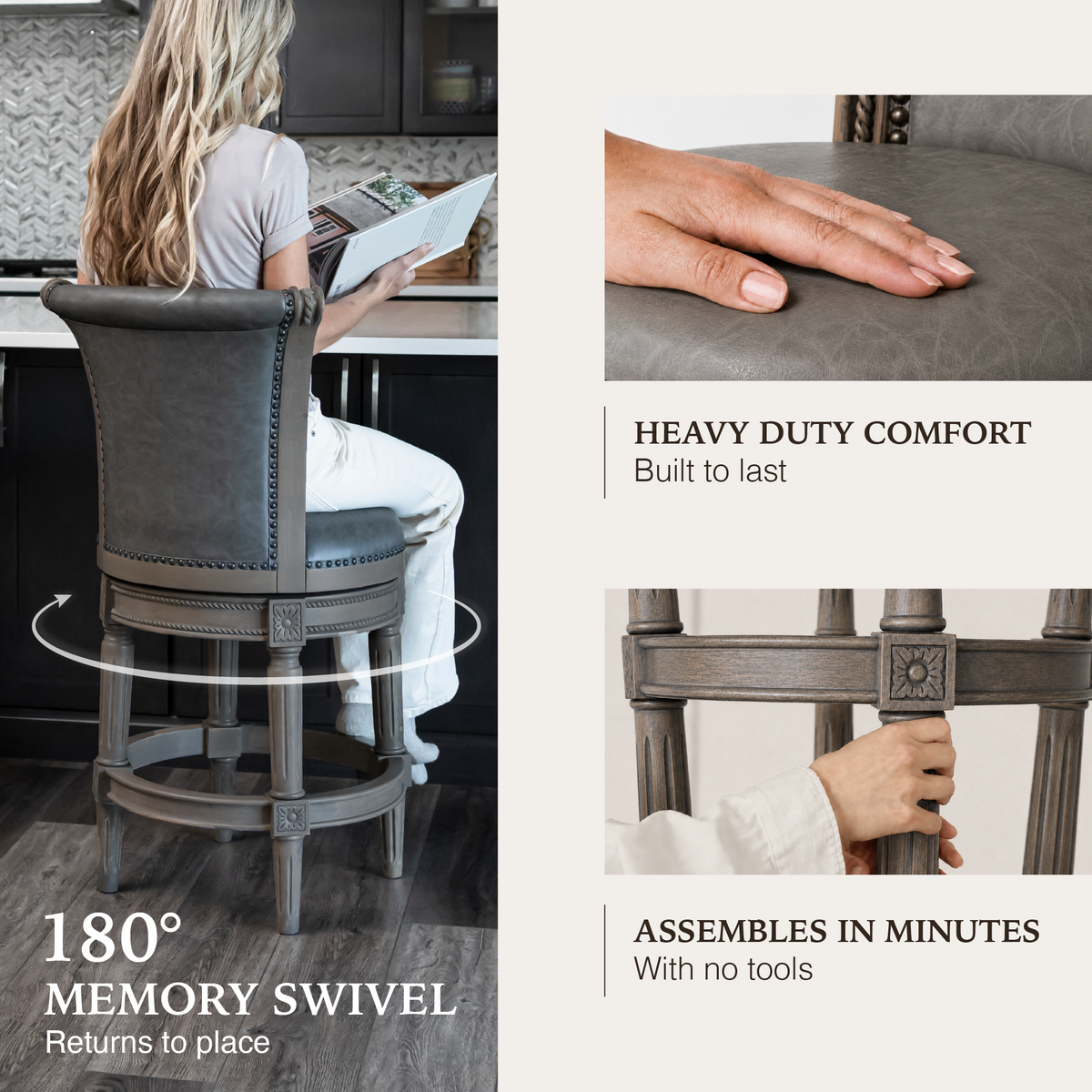 Pullman Counter Stool in Grey Finish with Grey Faux Leather in Stools by Maven Lane