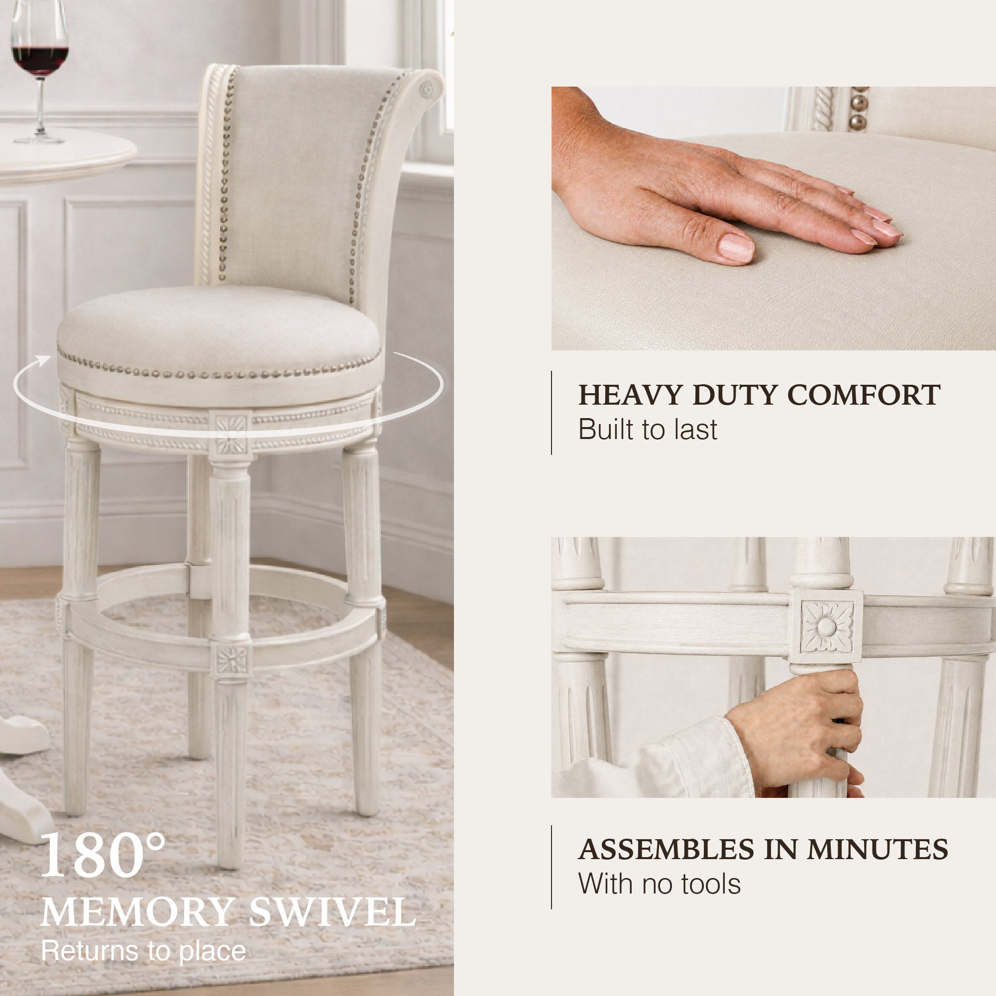 Pullman Bar Stool in Cream Finish and Cream Fabric in Stools by Maven Lane