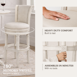 Pullman Bar Stool in Cream Finish and Cream Fabric in Stools by Maven Lane