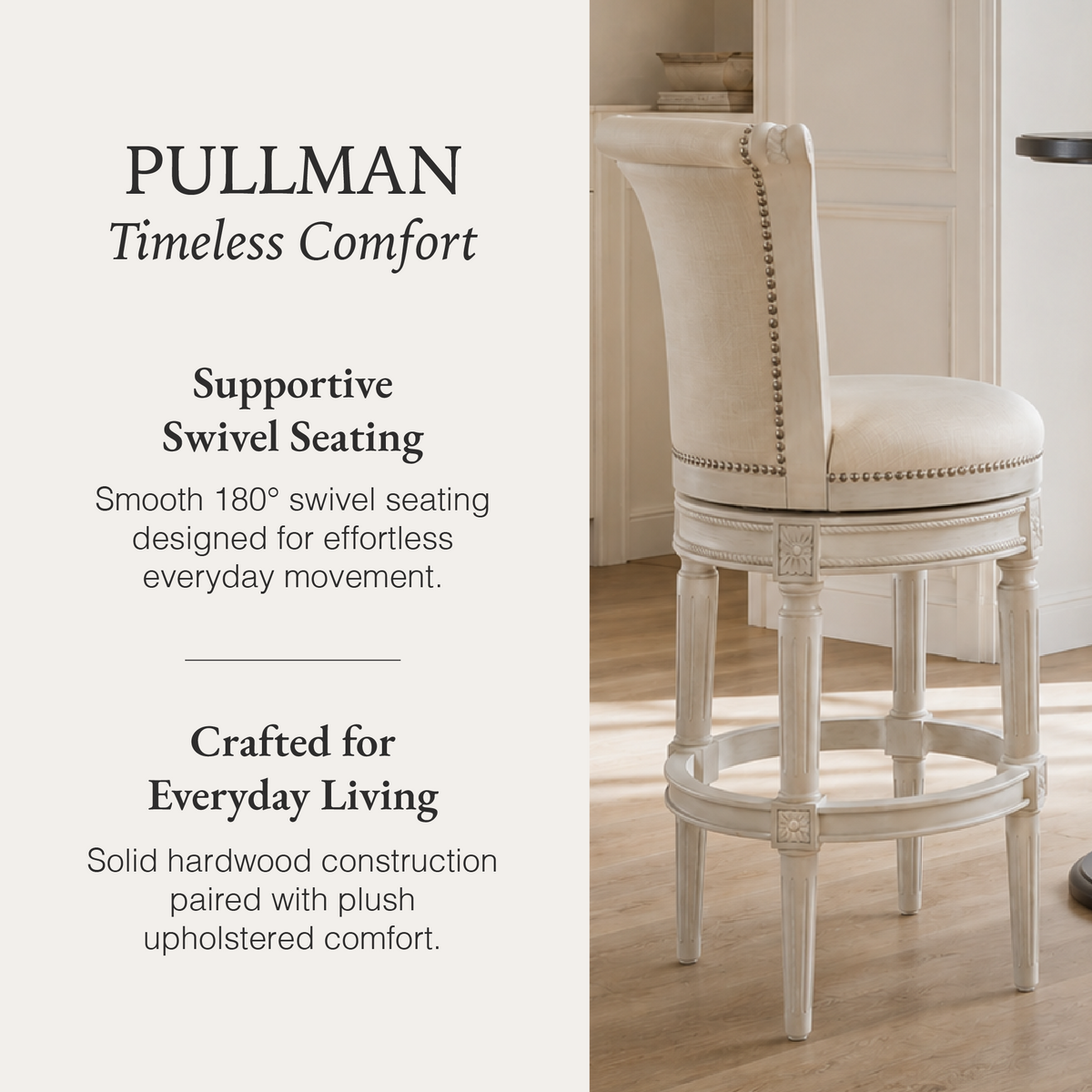 Pullman Bar Stool in Cream Finish and Cream Fabric in Stools by Maven Lane