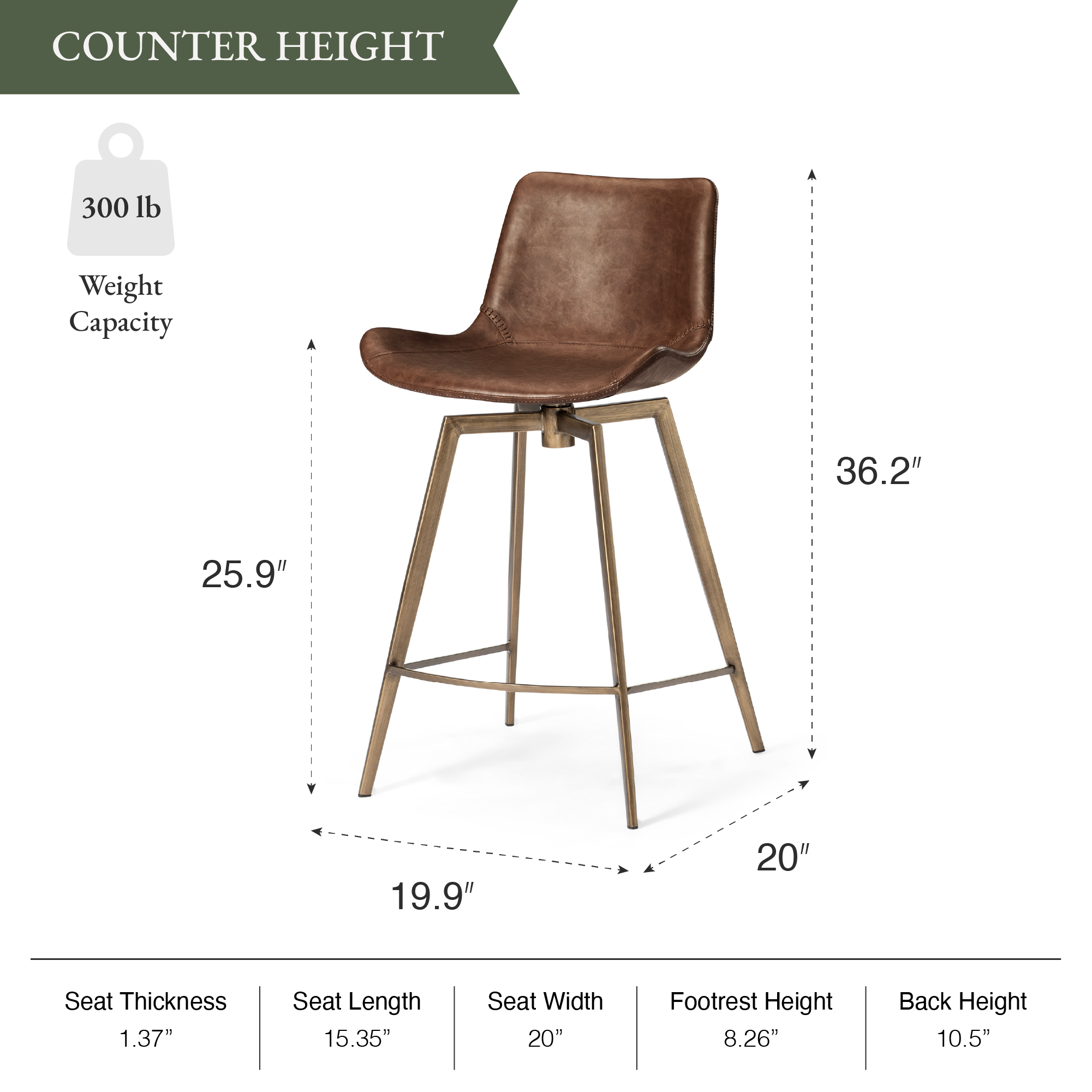 Victor Counter Stool in Aged Gold Finish with Brown Faux Leather in Stools by Maven Lane