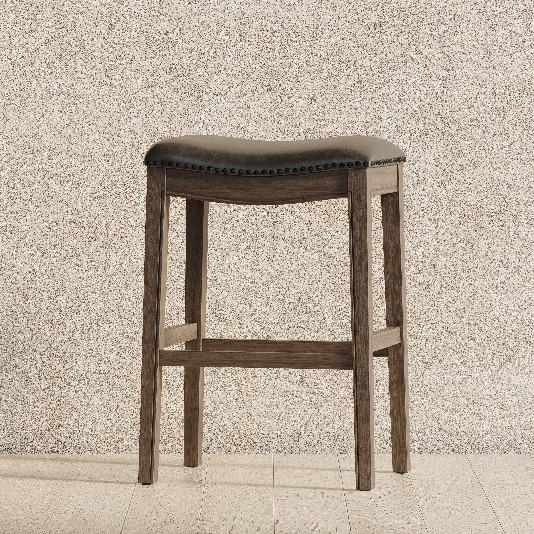 Adrien Saddle Bar Stool in Reclaimed Oak Finish with Ronan Stone Vegan Leather in Stools by Maven Lane