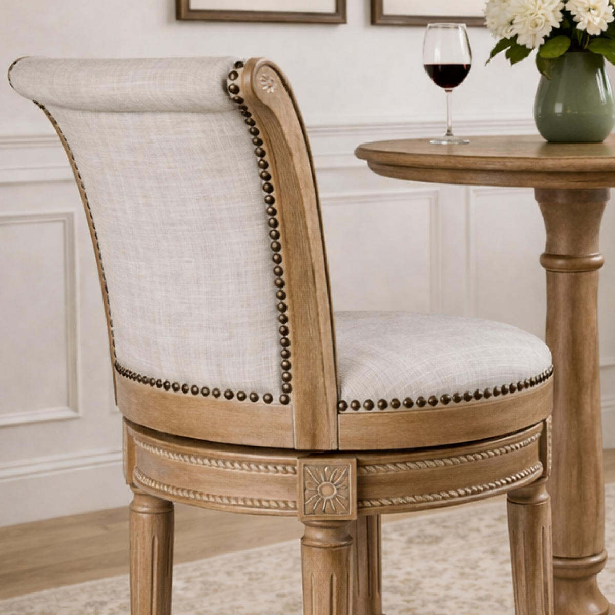 Pullman Bar Stool in Light Brown Finish with Light Grey Fabric in Stools by Maven Lane