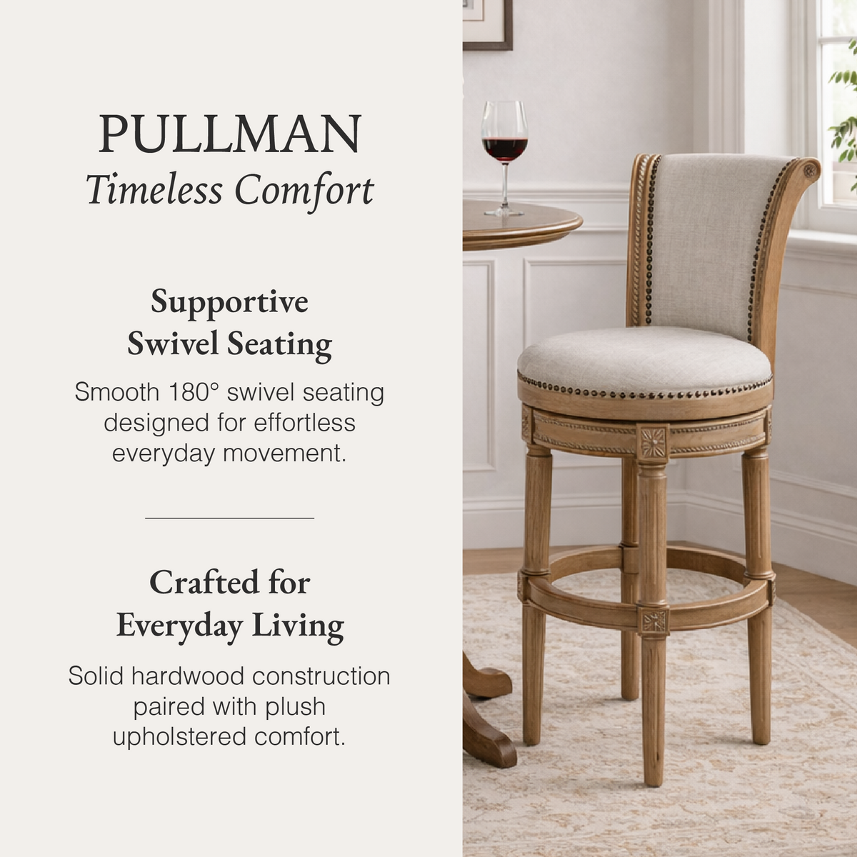 Pullman Bar Stool in Light Brown Finish with Light Grey Fabric in Stools by Maven Lane