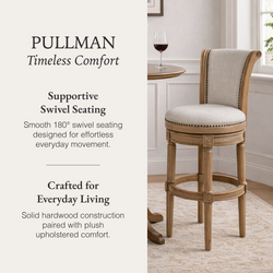 Pullman Bar Stool in Light Brown Finish with Light Grey Fabric in Stools by Maven Lane