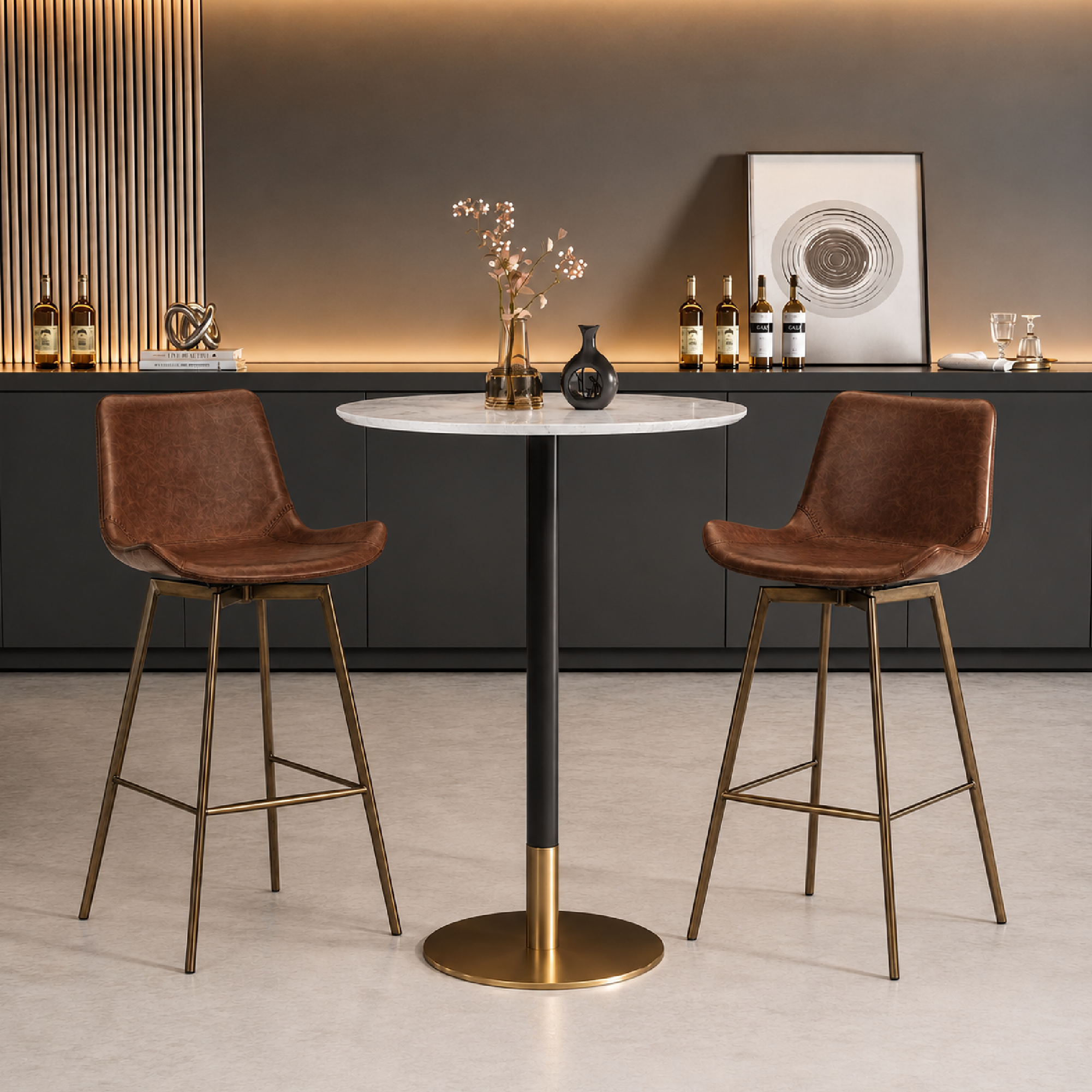 Victor Bar Stool in Aged Gold Finish with Brown Faux Leather in Stools by Maven Lane