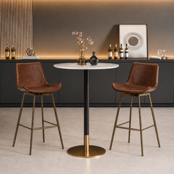 Victor Bar Stool in Aged Gold Finish with Brown Faux Leather in Stools by Maven Lane