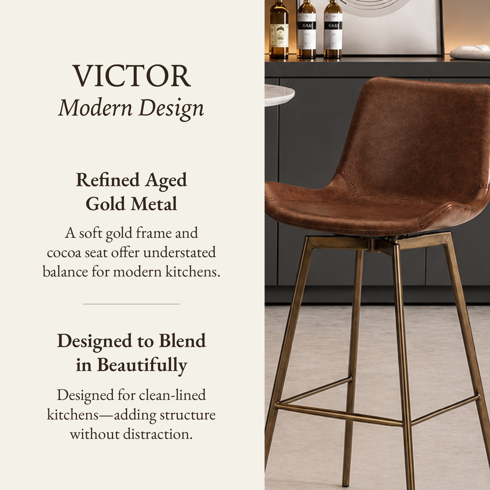 Victor Bar Stool in Aged Gold Finish with Brown Faux Leather in Stools by Maven Lane