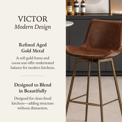 Victor Bar Stool in Aged Gold Finish with Brown Faux Leather in Stools by Maven Lane