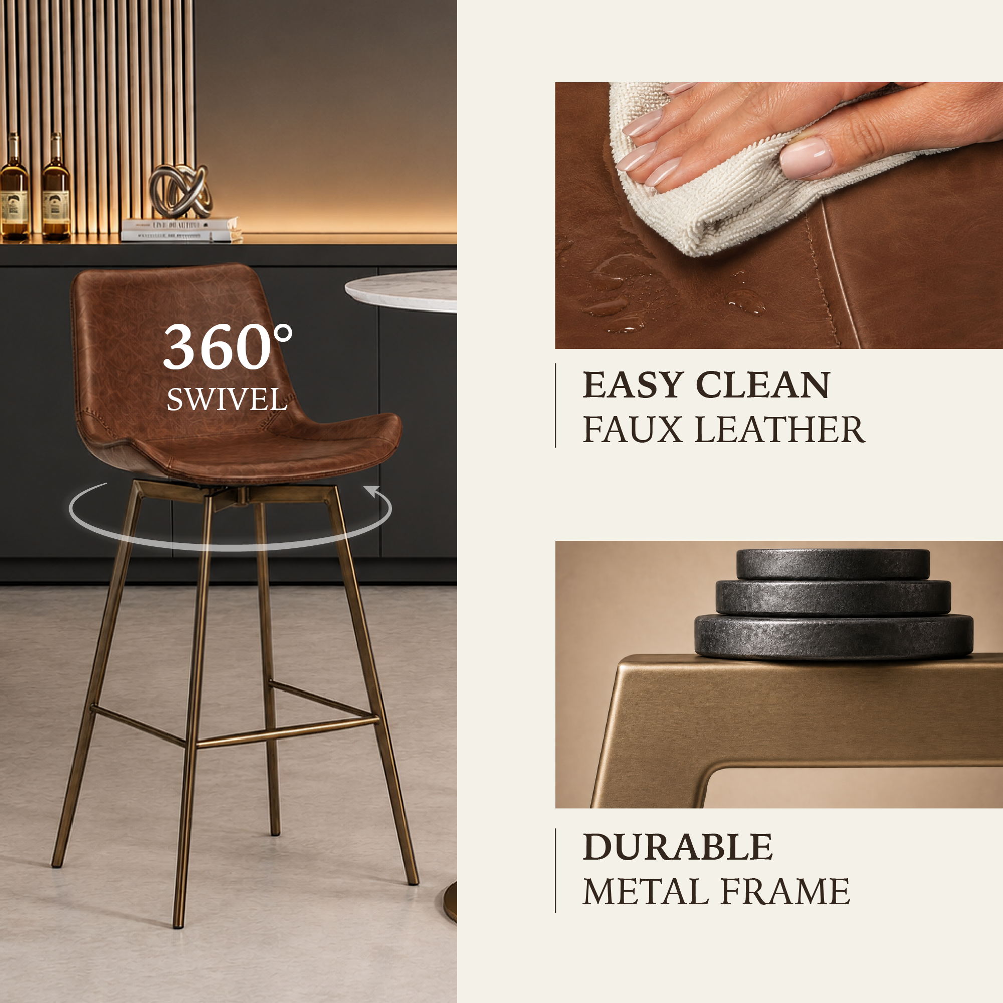 Victor Bar Stool in Aged Gold Finish with Brown Faux Leather in Stools by Maven Lane