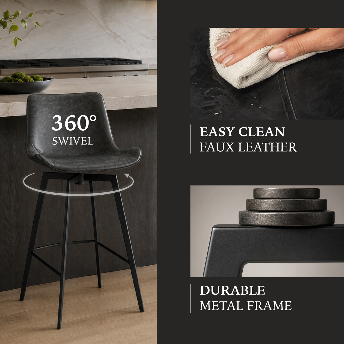 Victor Counter Stool in Black Finish with Dark Grey Faux Leather in Stools by Maven Lane