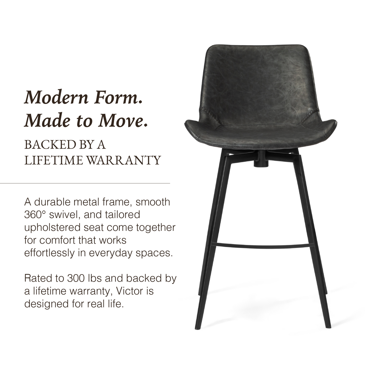 Victor Counter Stool in Black Finish with Dark Grey Faux Leather in Stools by Maven Lane