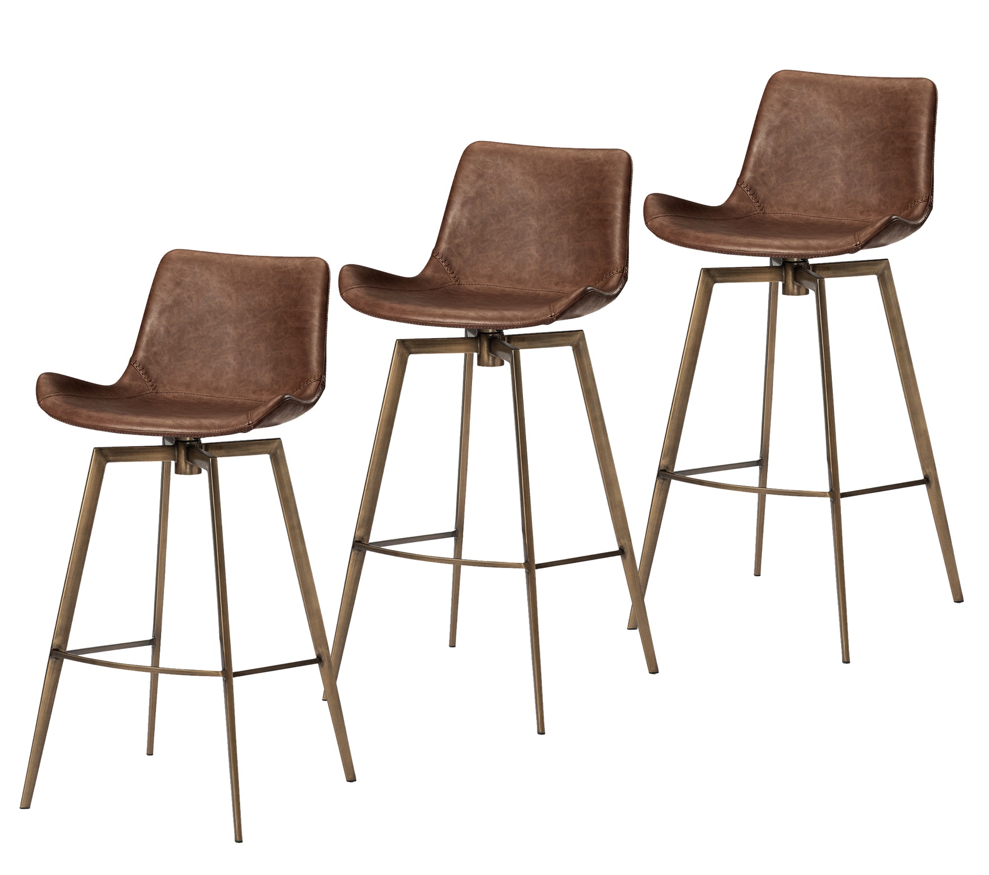 30" Victor Bar Stool in Aged Gold Finish with Brown Faux Leather (Set of 3) in Stools by Maven Lane