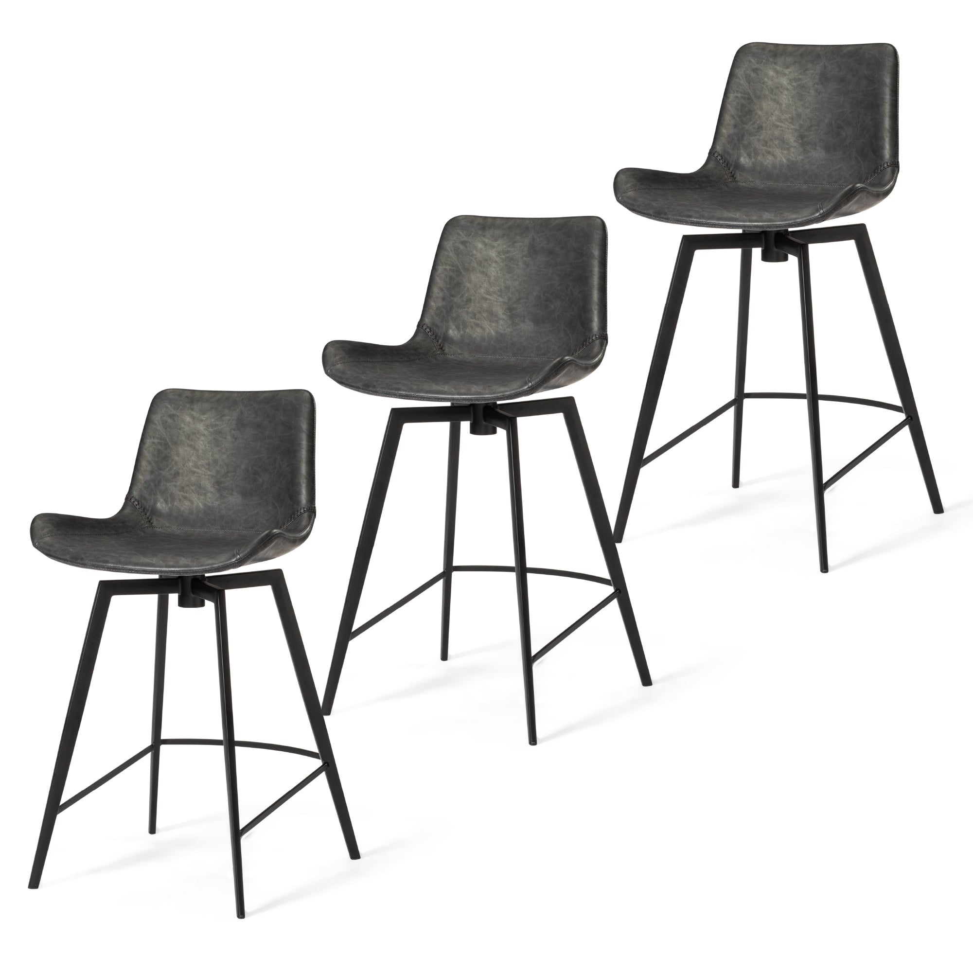 26" Victor Counter Stool in Black Finish with Dark Grey Faux Leather (Set of 3) in Stools by Maven Lane