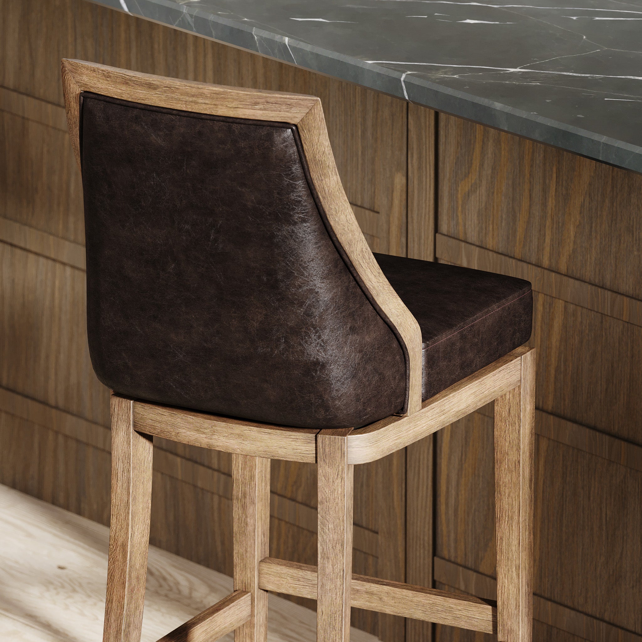 Vienna Bar Stool in Walnut Finish with Marksman Saddle Vegan Leather in Stools by Maven Lane