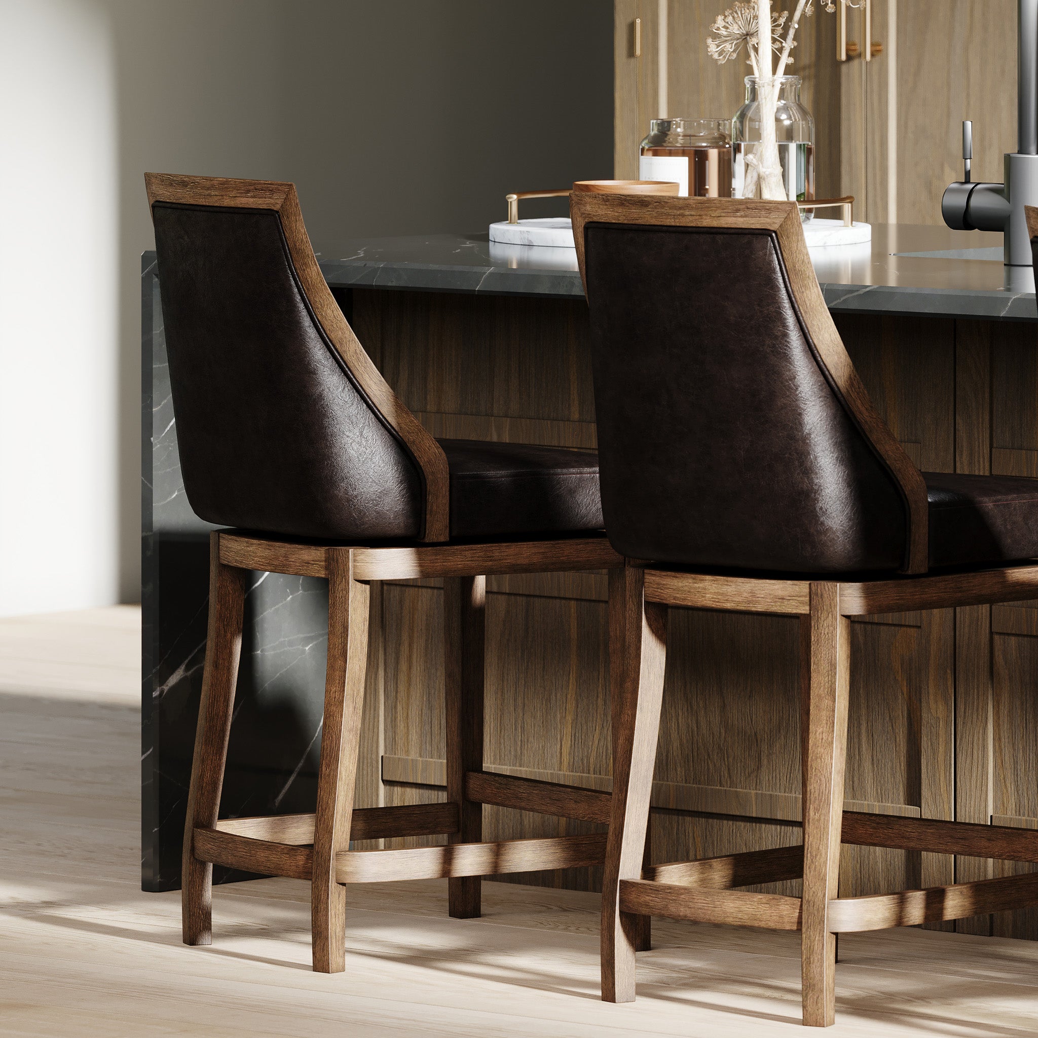 Vienna Counter Stool in Walnut Finish with Marksman Saddle Vegan Leather in Stools by Maven Lane