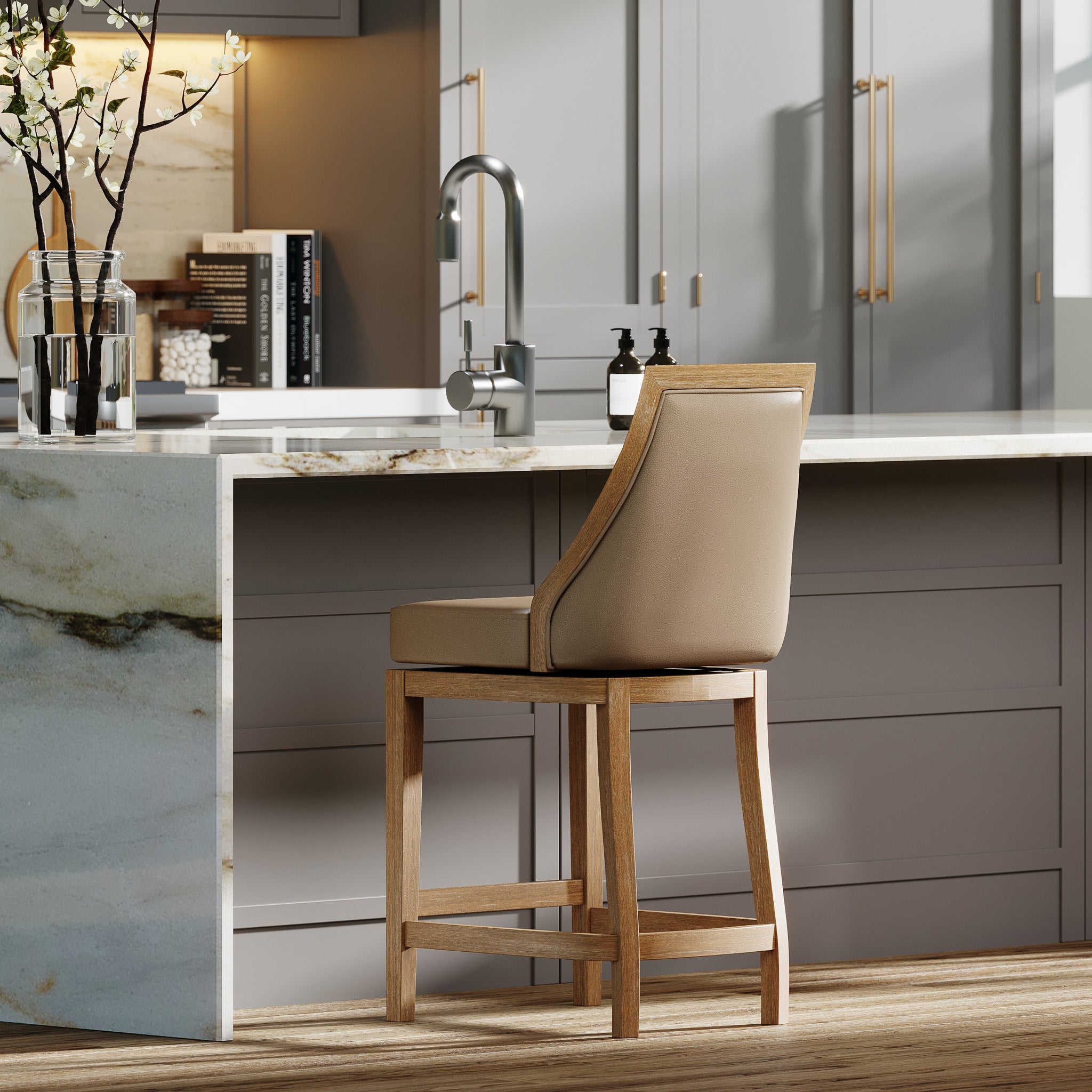Vienna Counter Stool in Weathered Oak Finish with Avanti Bone Vegan Leather in Stools by Maven Lane