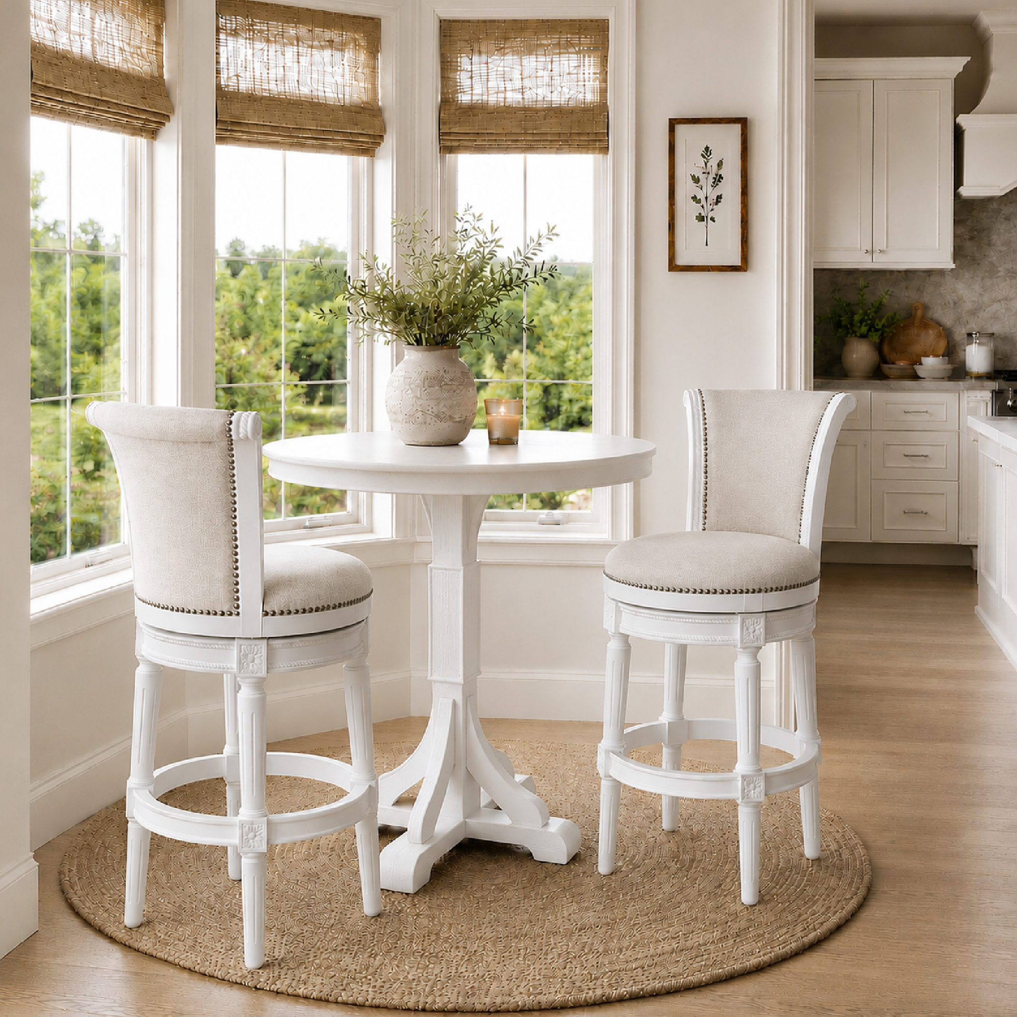 Pullman Bar Stool in White Finish with Cream Fabric Upholstery in Stools by Maven Lane