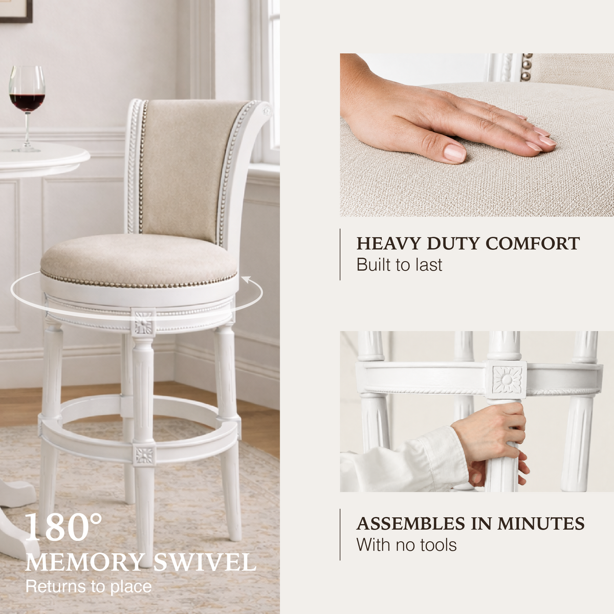 Pullman Bar Stool in White Finish with Cream Fabric Upholstery in Stools by Maven Lane