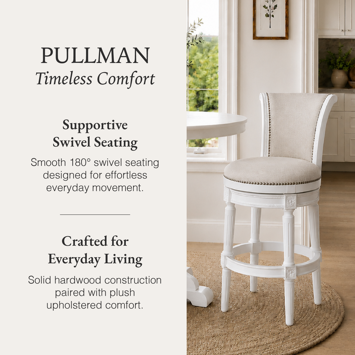 Pullman Bar Stool in White Finish with Cream Fabric Upholstery in Stools by Maven Lane