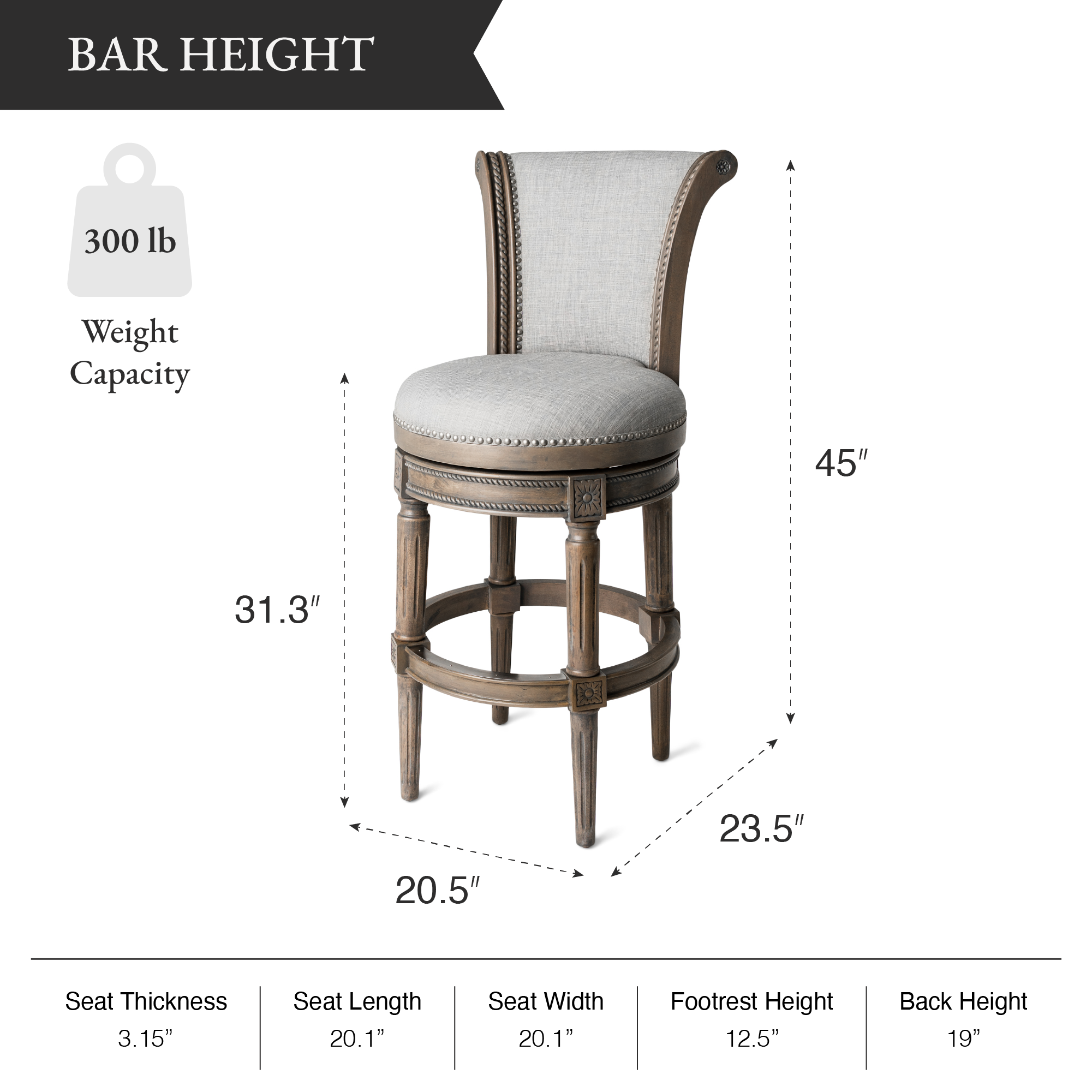 Pullman Bar Stool in Grey Finish with Grey Fabric in Stools by Maven Lane
