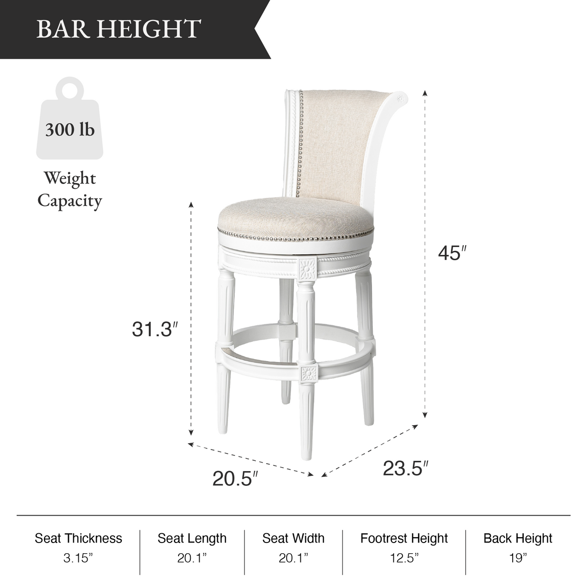 Pullman Bar Stool in White Finish with Cream Fabric Upholstery in Stools by Maven Lane
