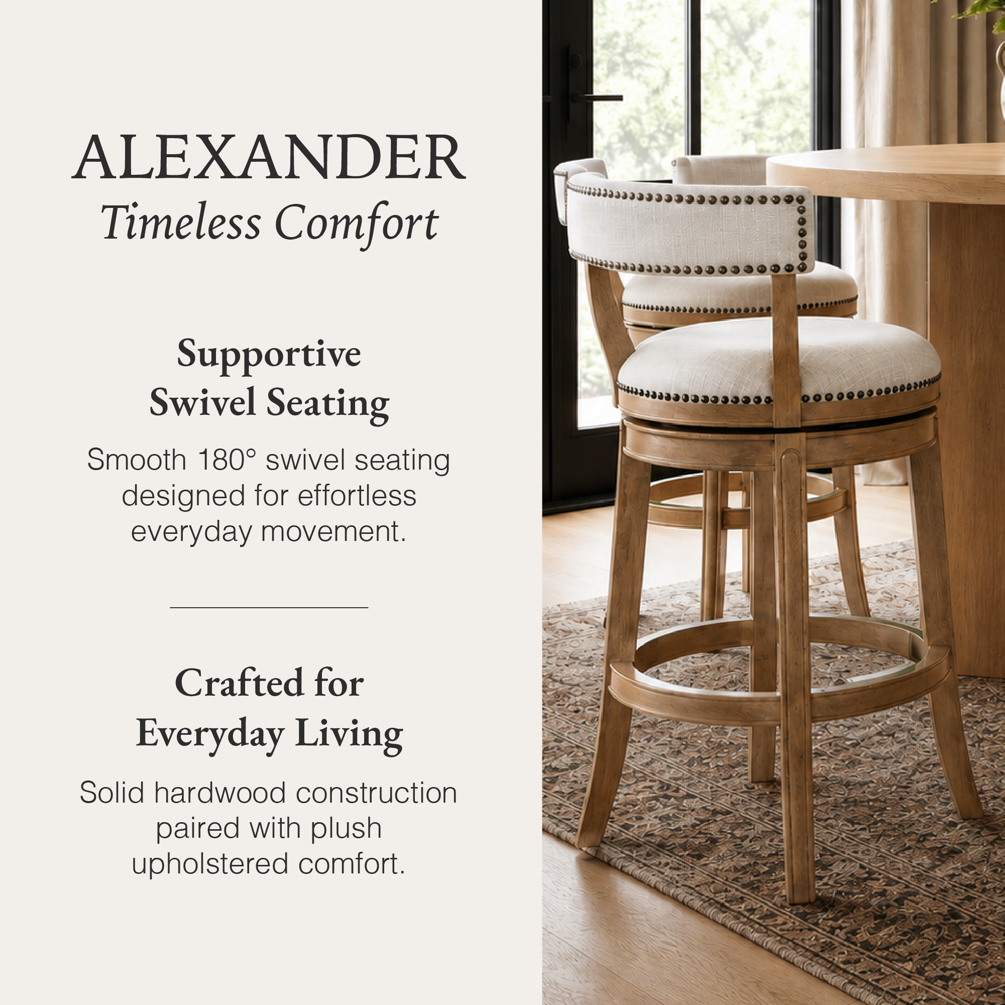Alexander Bar Stool in Light Brown Finish with Natural Fabric Upholstery in Stools by Maven Lane