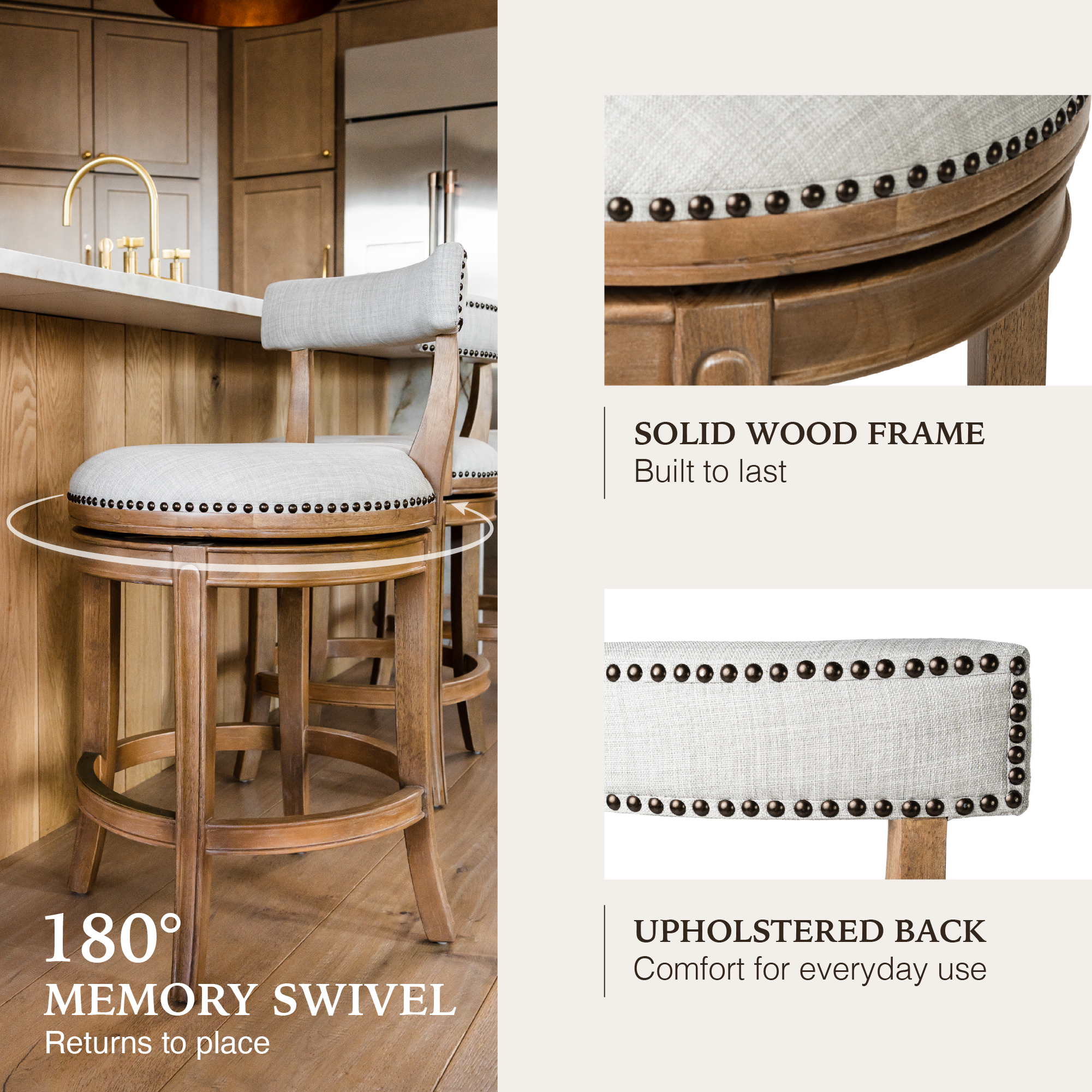 Alexander Counter Stool in Light Brown Finish with Natural Fabric Upholstery in Stools by Maven Lane