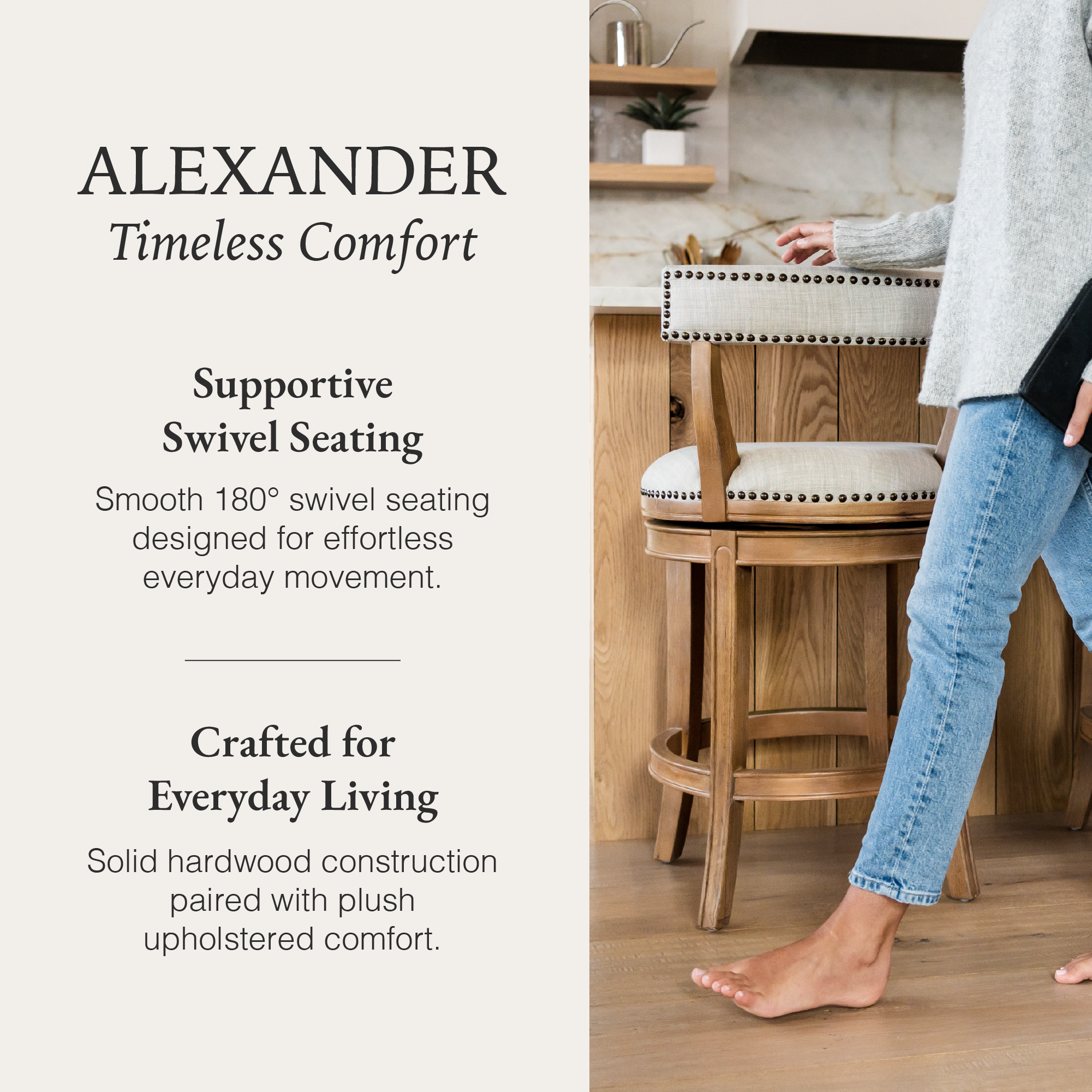 Alexander Counter Stool in Light Brown Finish with Natural Fabric Upholstery in Stools by Maven Lane