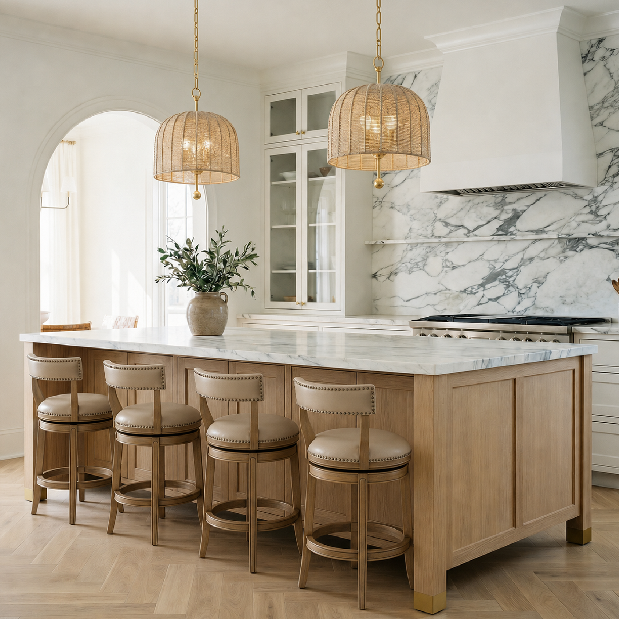 Alexander Counter Stool in Light Brown Finish with Beige Faux Leather Upholstery in Stools by Maven Lane