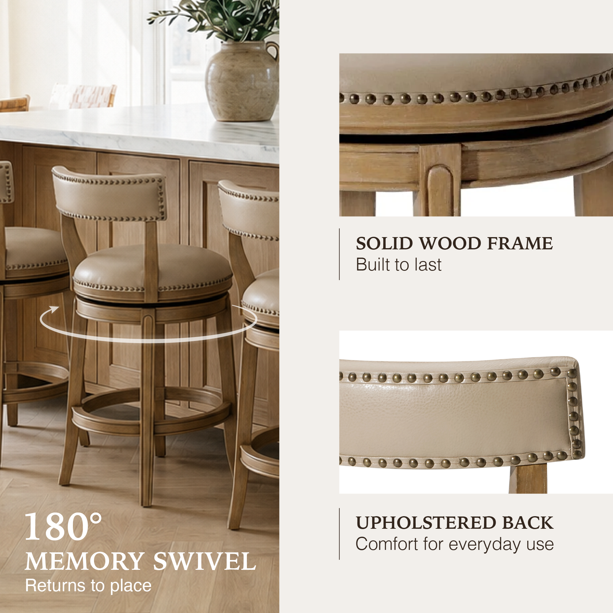 Alexander Counter Stool in Light Brown Finish with Beige Faux Leather Upholstery in Stools by Maven Lane
