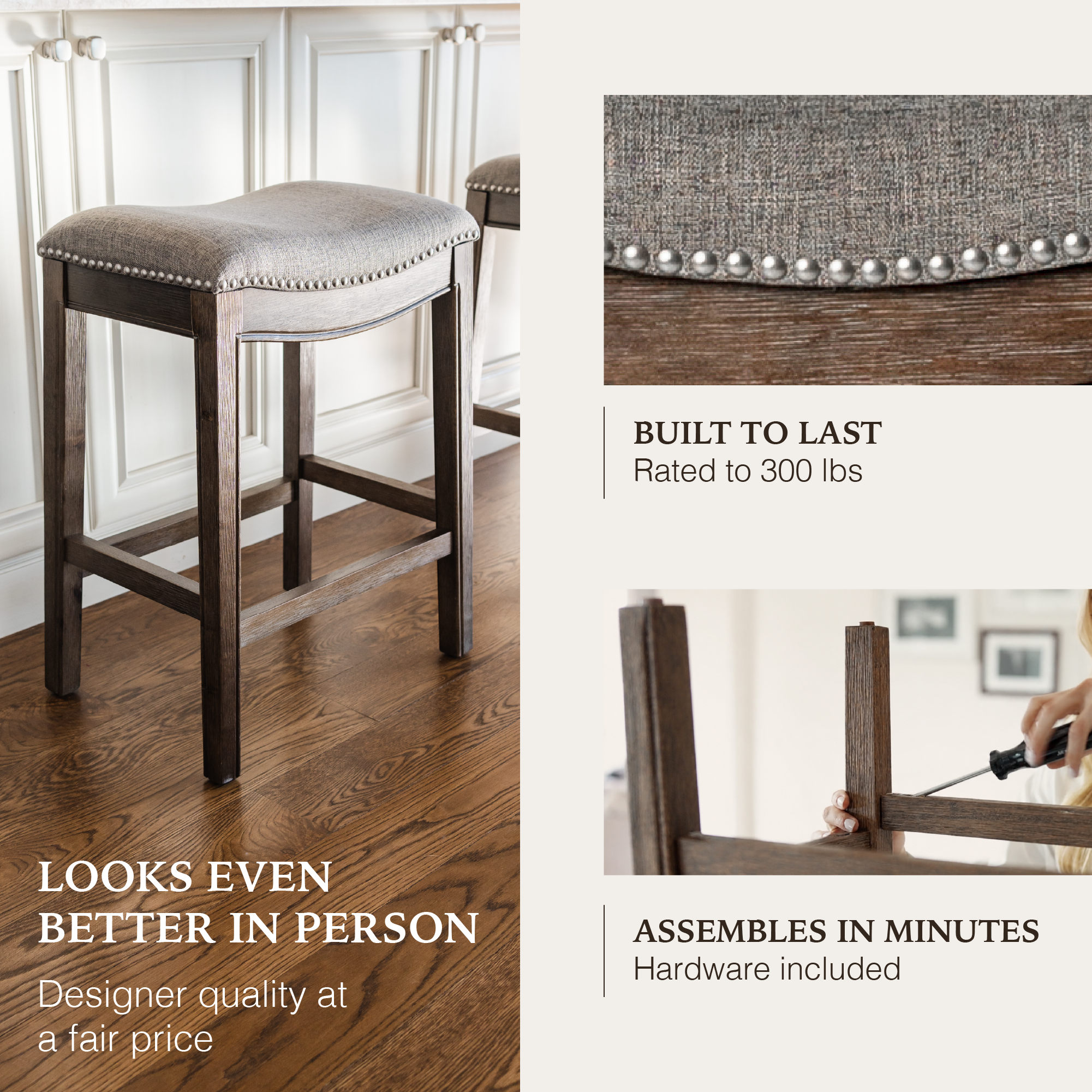 Adrien Saddle Counter Stool in Brown Finish with Grey Fabric in Stools by Maven Lane